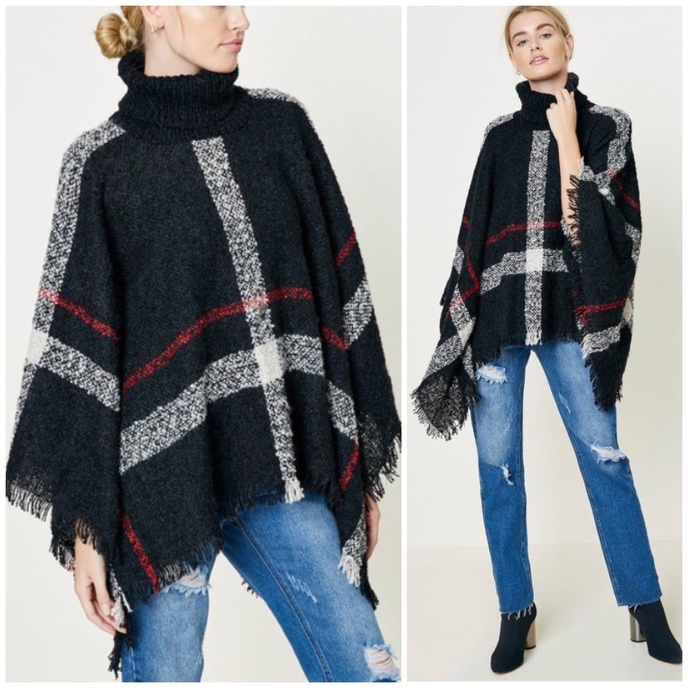 SOLD OUT Black Plaid Holiday Turtleneck Knit Sweater Poncho - Picture 1 of 1